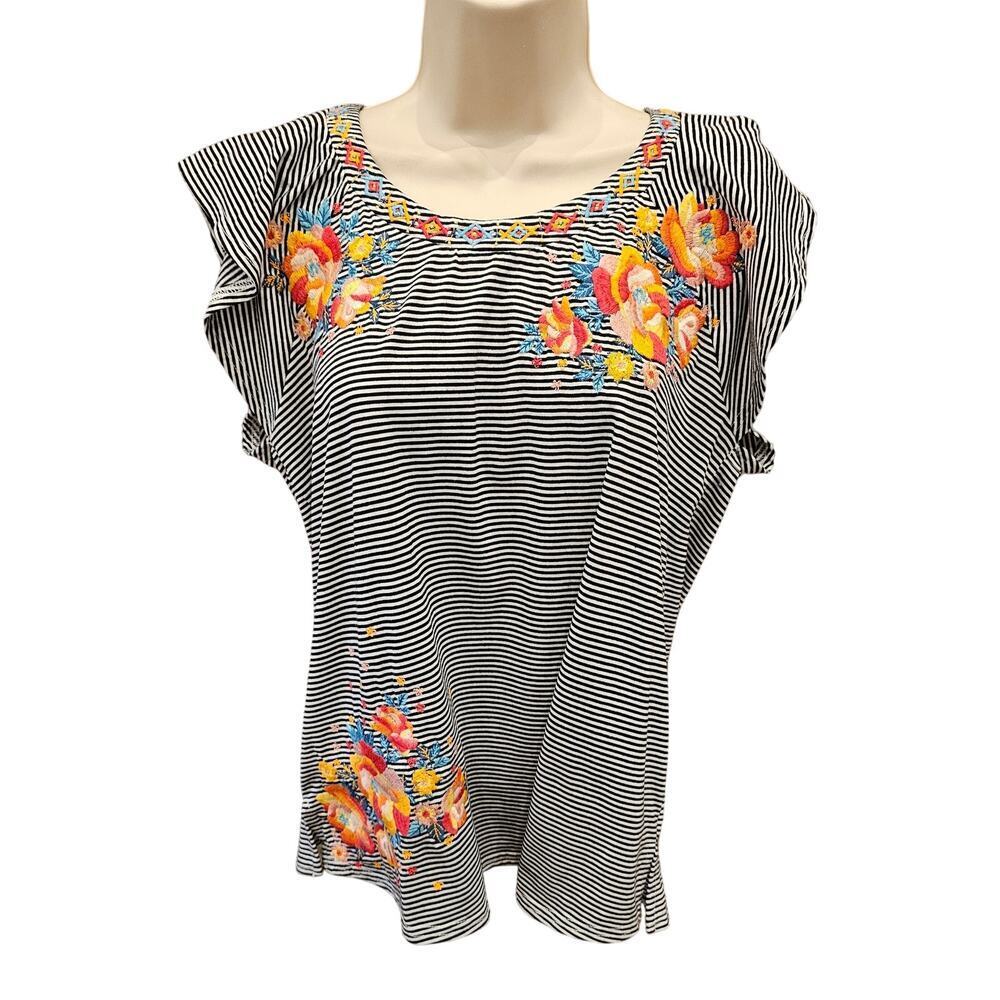 Savanna jane M striped embroidered floral boho chic coquette relaxed flutter top